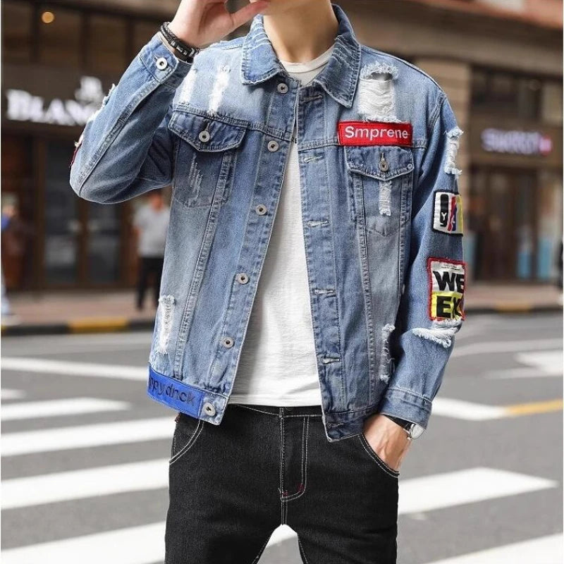 Veste en Jean Homme Hip-hop Street Moto Imprimée Haute Qualité